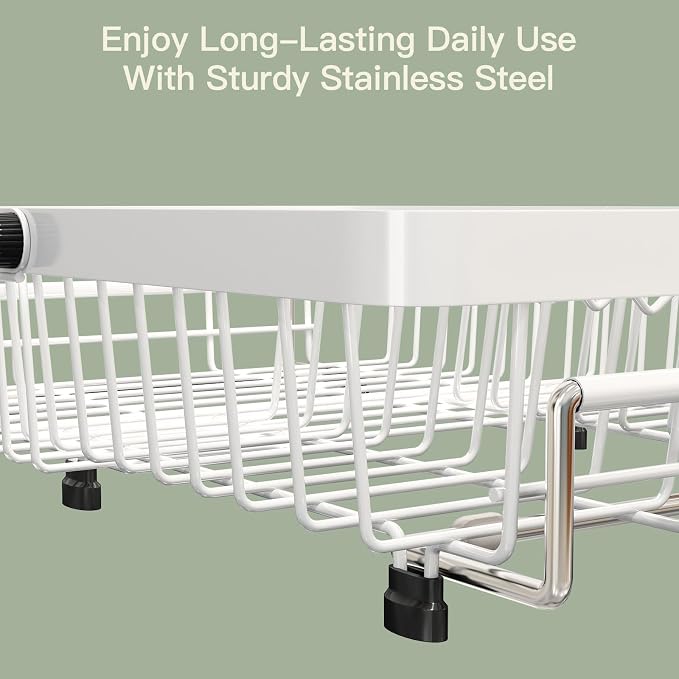 MAJALiS White Dish Drying Rack Over The Sink with Utensil Holder | Expandable Stainless Steel Dish Drainer for Small Kitchen, Apartment, RV, Counter Space Saving, Perfect Fit, Rustproof
