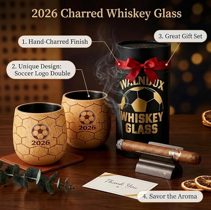 Soccer Wooden Whiskey Glass, Oak Wood Beer & Whiskey Tumbler, Old Fashioned Bourbon Drinking Cup, Unique Gift for Soccer Fans, Beer Lovers, Men, Dad, Husband, Birthday Gift