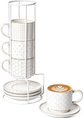 LE TAUCI 8 oz Stackable Latte Cups with Saucers and Stand, Set of 4, Large Ceramic Coffee Cup and Saucer Set for Tea, Cafe Au Lait, Microwave & Oven Safe - Embossed White