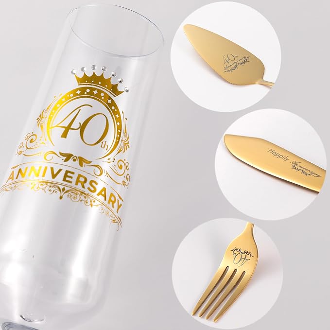 40th Wedding Anniversary Champagne Flutes Gifts, Happy Anniversary Decorations, Gold Cake Cutting Set Gfits for Women Men 40 th Birthday or Parents