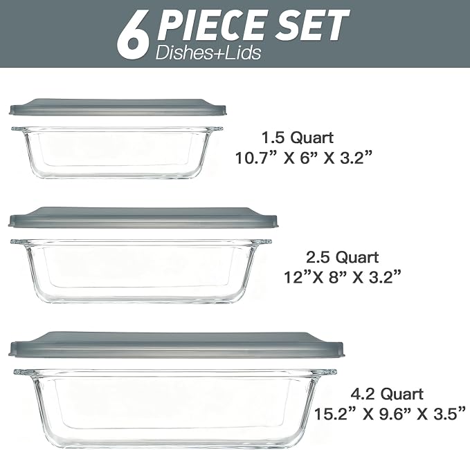 6-Piece Extra-Deep Glass Baking Dish Set with Lids, Rectangular Glass Bakeware Set, Baking Pans for Lasagna, Kitchen, Casserole Dishes for Oven, Freezer-to-Oven and Dishwasher