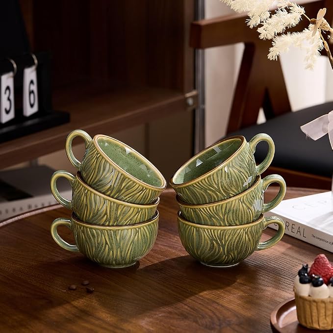 Coffeezone Set of 6 Vintage Design 12 oz Professional Barista Ceramic Latte Art Cappuccino Cups Set (Wave Green)