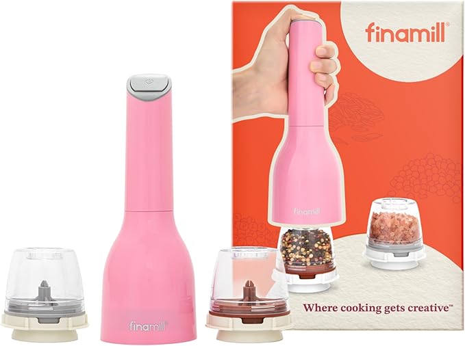 FinaMill Classic Battery Spice Mill – Battery Operated Salt and Pepper Grinder Set, Includes 2 Interchangeable Spice Pods, Adjustable Coarseness, Ceramic Grinder, LED Light, Home and Kitchen Gift Set