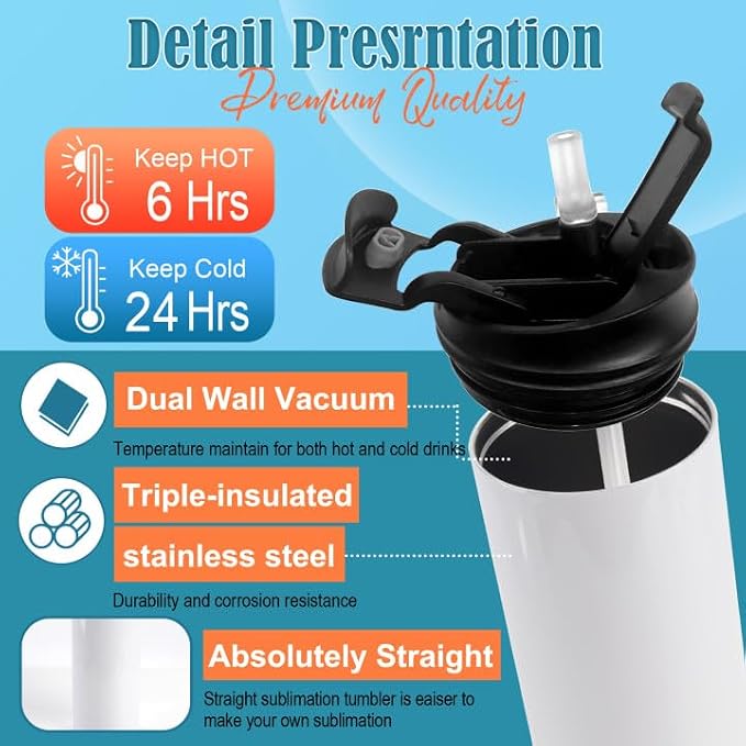 Joyclub 8 Pack Sublimation Water Bottle Blanks Dual Opening 20 oz Sublimation Tumblers with Leakproof Lid and Straw Insulated Stainless Steel Sports Cups