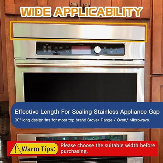 304 Brushed Stainless Steel Sheet Gap Filler, Metal Trim Strip for Wall Oven/Microwave Combo/Range/Cooktop, Self-Adhesive Gap Cover, 30 Inches Long, 3 Inches Wide, One Piece