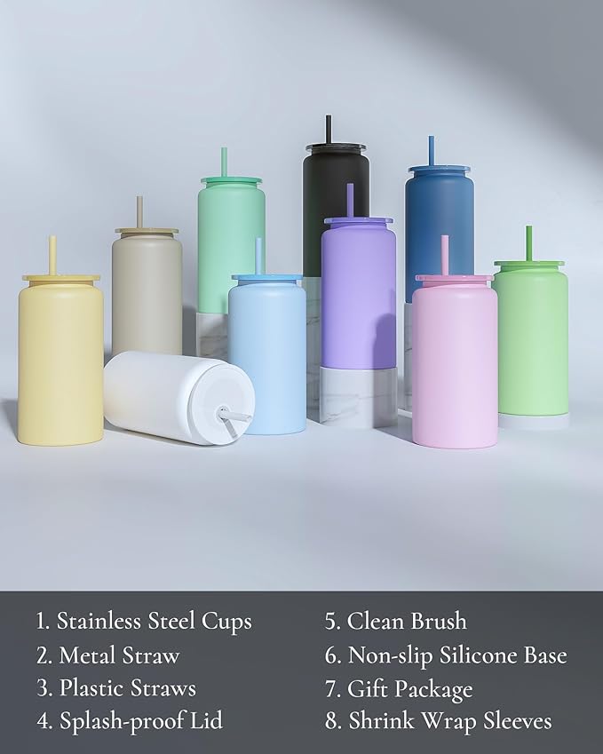 16oz Glass Cups With Lids and Straws, Stainless Steel Beer and Iced Coffee Cup, Smoothie Drinking Cup, Yellow (Textured Matte Finish, Not Sublimatable)