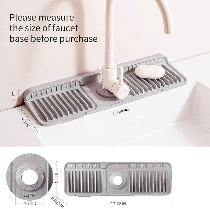 Folding Faucet Mat for Kitchen Sink Upgraded Premium Silicone Splash Guard with Fast Drying Properties Protective Sink Tray Ideal for Stone Sinks in Kitchen & Bathroom (Gray, 17.5"x5.5")