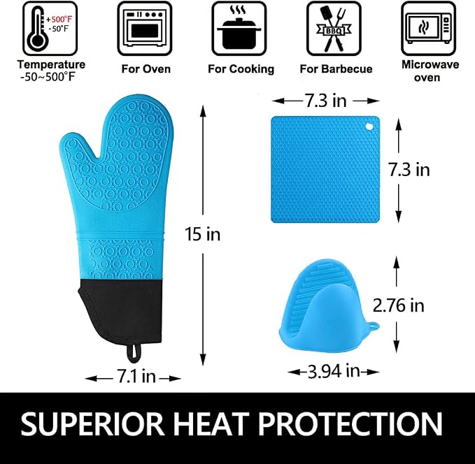 Extra Long Silicone Oven Mitts and Pot Holders Sets, Purple and Blue