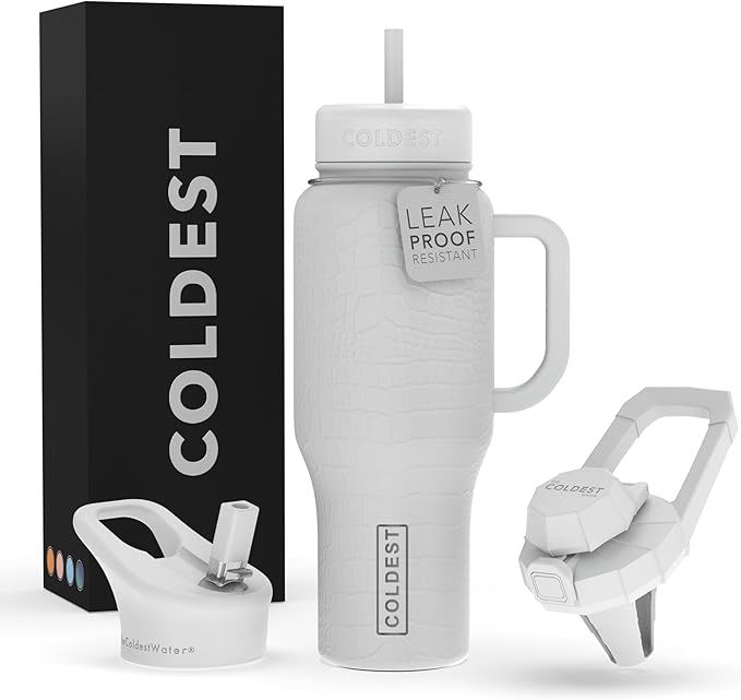 Coldest Tumbler with Handle and Straw, 100% Leak Proof Insulated Tumbler with Lid and Straw (3 Lids), Stainless Steel Tumblers for Women & Men, Cup Holder Friendly, 36 oz (White Croc)