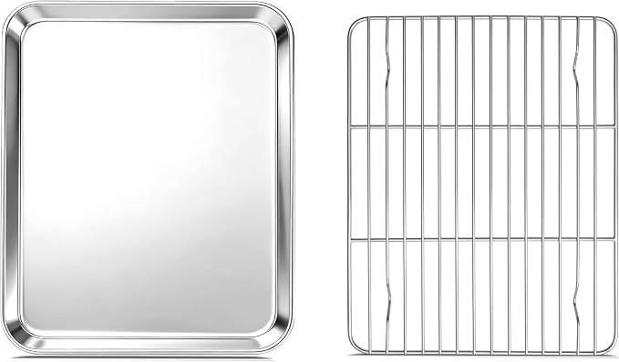 Onader Toaster Oven Tray and Rack Set, Stainless Steel Cookie Sheet Pan | 10⅜ x 8⅛ Inch Small Baking Pan, Includes Cooling Racks for Cooking and Baking Nonstick, 1 Pan + 1 Rack