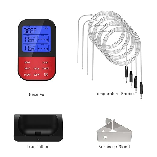 4 Probe Wireless Meat Thermometer with Timer and Alarm Functions,Waterproof for Oven, BBQ, and Smoker,Measures 4 Probes,Grilling Thermometer for Outdoor Grill Magnet Back