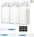 3 Pcs 64 Oz Large Clear Milk Carton Container with Brushes Labels and Pen Square Plastic Milk Water Bottle for Outdoor Camping or Climbing Tour