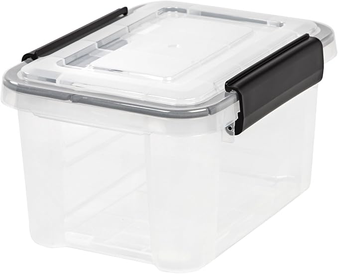 Clear Plastic Storage Bin with Airtight Latching Lid, Stackable Waterproof Organizer for Food, Office Supplies, and Household Items, Black Clasps