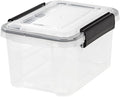 Clear Plastic Storage Bin with Airtight Latching Lid, Stackable Waterproof Organizer for Food, Office Supplies, and Household Items, Black Clasps