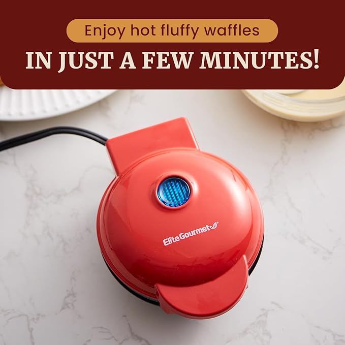 Elite Gourmet EWM015R Electric Nonstick 4.5" Cooking Surface Mini Waffle Maker, Belgian Waffles, Compact Design, Hash Browns, Keto, Snacks, Sandwich, Eggs, Easy to Clean, Red
