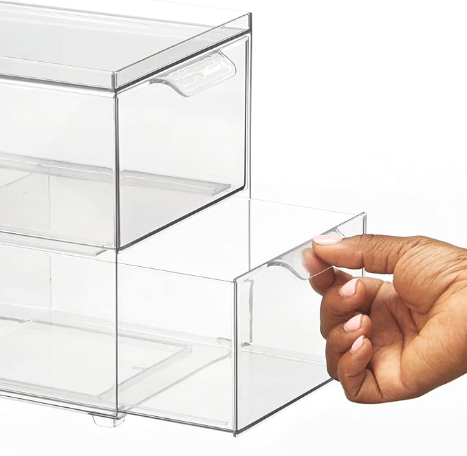 mDesign Stackable Storage Containers Box with 2 Pull-Out Drawers - Stacking Plastic Drawer Bins for Master or Guest Bathroom, Linen Closet, Vanity, or Makeup Table - Lumiere Collection -Clear