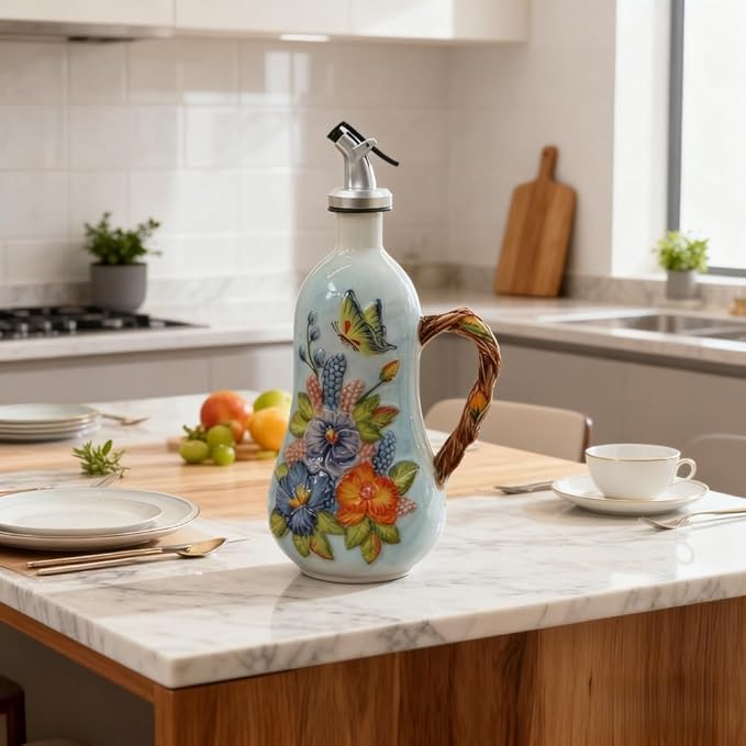 18.26oz/540ml Decorative Olive Oil Dispenser Bottle for Kitchen,Hand Painted Relief Ceramic Olive Oil Bottle,Ceramic Oil Container (B-Butterfly Love Flower)