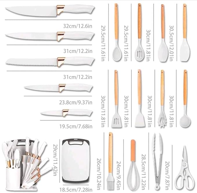 19-Piece Silicone Kitchen Utensil and Knife Set with Wooden Handles, Heat-Resistant, Non-Stick Safe, Includes Storage Stand, White and Rose Gold