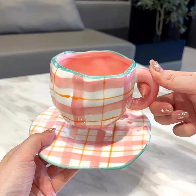 Noviko Pink Coffee Mug Cute Cup with Saucer Set for Women 10 oz