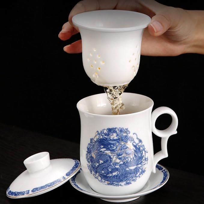 GOLDY&WENDY Ceramic Tea Cup Set with Strainer Infuser and Lid and Saucer Chinese Anti-scalding Handle Design Porcelain Personal Tea Mug