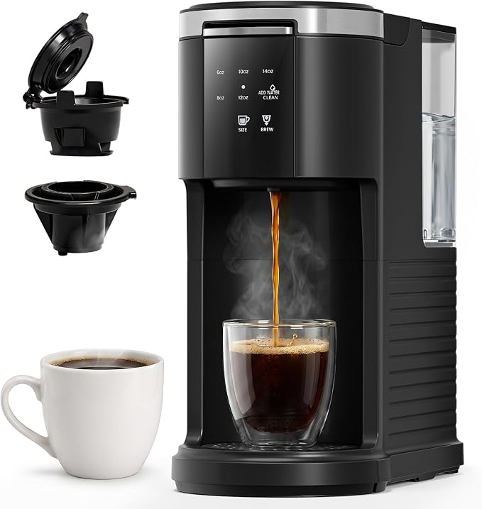 WAA Single Serve Coffee Maker, Fast Coffee Machine for Capsule & Ground Coffee, Coffee Brewer with Memory Function, 6 to 14 oz Brew Sizes, 40 oz Removable Water Tank for Home/Office/RV, Black