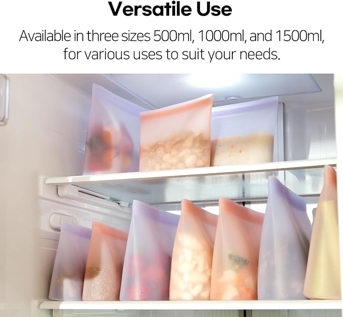 Reusable Silicone Food Storage Bags (Set of 3) – Leakproof Zip Seal, BPA-Free, Freezer & Microwave Safe – for Meal Prep, Snacks, Fruits, and More (Purple Set)