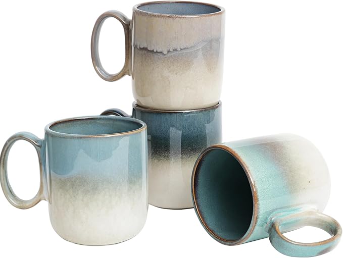 Bosmarlin Ceramic Coffee Mug Set of 4, 14 Oz, Coffee Cups with Big Handle, Microwave Safe, Unique Reactive Glaze (Multicolor)