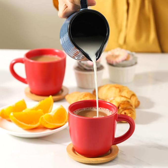 HASENSE Cappuccino Cups with Bamboo Saucers Set of 6, 8 OZ Ceramic Espresso Cups with Handle for Double Shot, Latte, Mocha, Stackable Coffee Cups for Cafes, Home and Office, Red