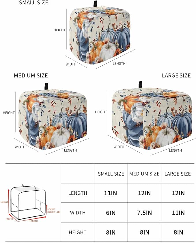 Blue White Pumpkins Fall Toaster Cover 2 Slice, Thanksgiving Leaves Dustproof Bakeware Oven Protector with Top Hook, Autumn Beige Waterproof Small Kitchen Appliance Toasters Dust Cover, 12"x7.5"x8"