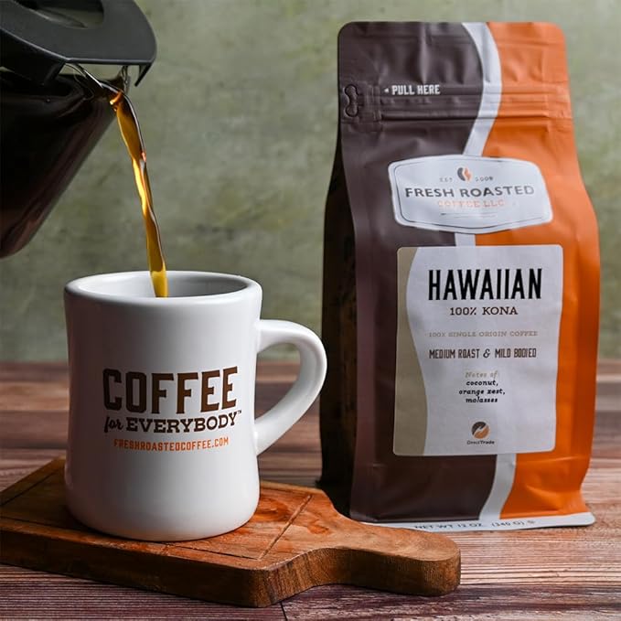 Fresh Roasted Coffee, 100% Hawaiian Kona Whole Bean Coffee, Medium Roast, Kosher, 12 oz