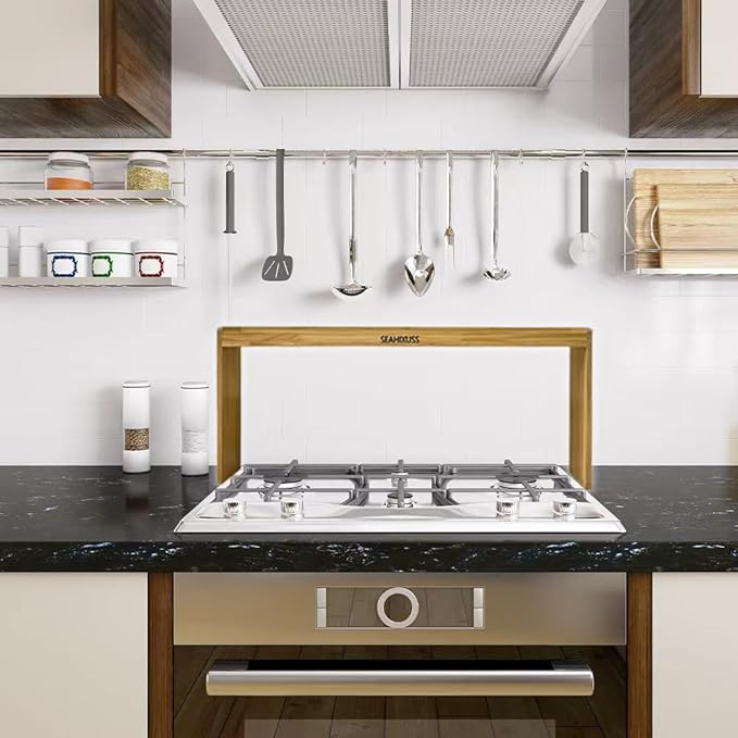 Bamboo Wood Over the Stove Spice Shelf for Kitchen Storage, 31.5" Spice Rack Organizer Stove Top Shelf with 6 hooks, 11.4" Height Extra Oven Back Sink Countertop, Easy to Assemble