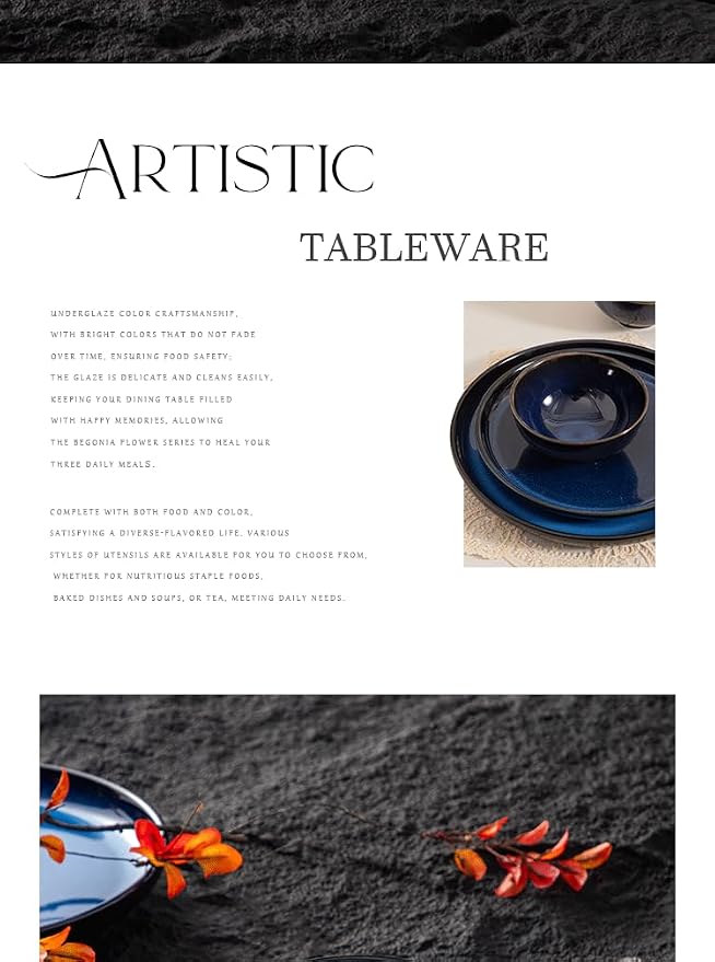 4-piece set, ceramic, natural active glaze plate and bowl set, microwave and dishwasher compatible tableware set, shatterproof and scratch resistant dinner set, irregular edge design, blue