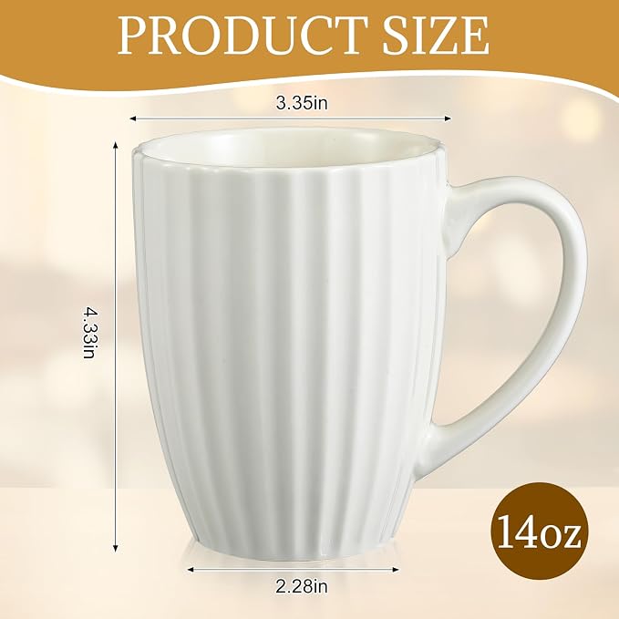 CHENGU Ribbed Coffee Mugs Set of 12, 14 oz Ceramic Coffee Cups with Big Handle, Large Modern White Ribbed Design Tea Cup for Latte, Cocoa, Milk, Hot Cocoa, Microwave & Dishwasher Safe