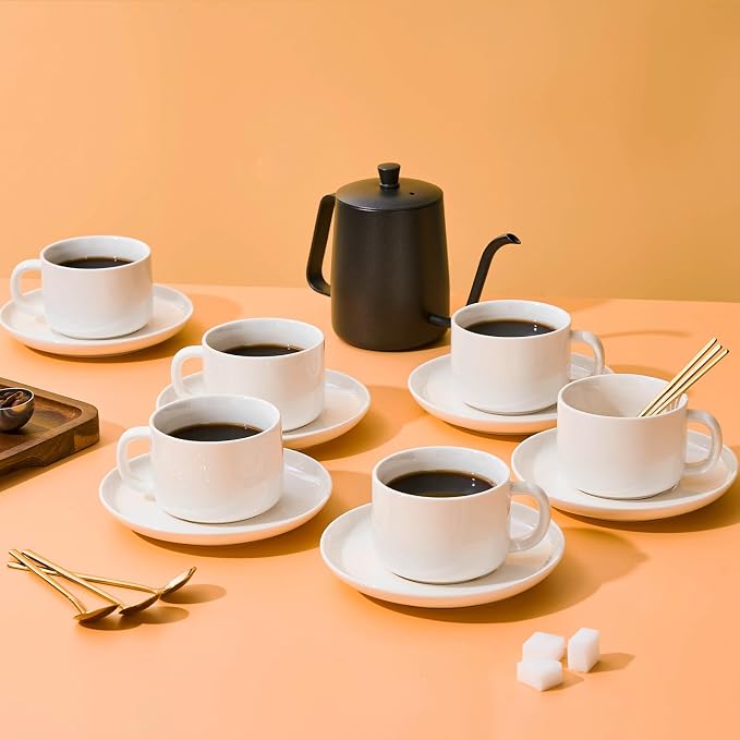 8oz Cappuccino Cups Set of 6, Tea Cups with Saucers and Spoons, White Ceramic Tea Cups Set Coffee Mugs for Tea Cappuccino Espresso Latte Mocha Au Lait Macchiato Cafe