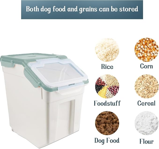 Rice Storage Container 2 Pack 50 lb Flour Storage Container with Wheels, BPA Free Food Storage Container with Measuring Cup Dog Cat Food Bin Set for Dry Food Sugar, Cereal-Green