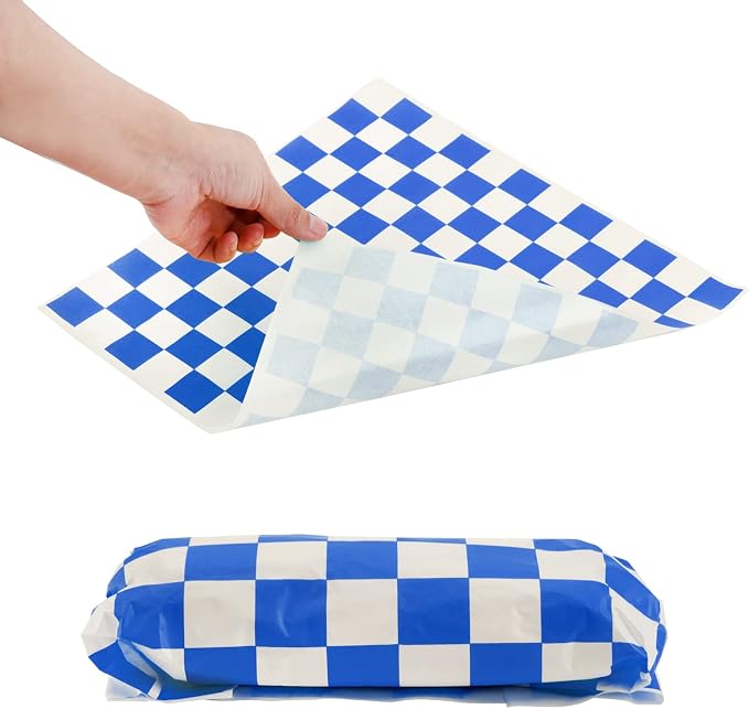 Fasmov 1000 Sheets 12 x 12 inches Sandwich Paper Deli Basket Liner Wrap Food Basket Liners Wrapping Checkered Sheets, Blue & White
