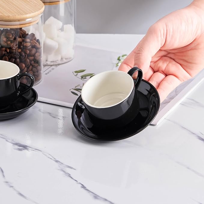 YOLIFE 2.5oz Espresso Cups Set of 4, Porcelain Stackable Espresso Cups, Expresso Shots Cup Set with Saucers and Metal Stand-Black