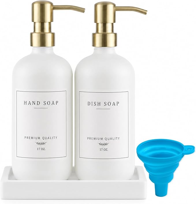 Thick Glass Soap Dispenser - Kitchen Dish Hand Soap Dispenser Set,Rustproof Pump Soap Lotion Dispenser Bathroom with Tray,14 Stickers for Kitchen Decor White Bottle/Gold Pump