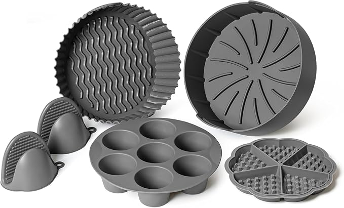 EM Set of 5 Silicone Air Fryer Liners with Egg Bite Mold, Waffle Mold & Mitts - 7.5” Round Reusable Silicone Inserts for 3-5 Qt Airfryers - Easy to Clean & Heat-Resistant Air Fryer Accessories Set