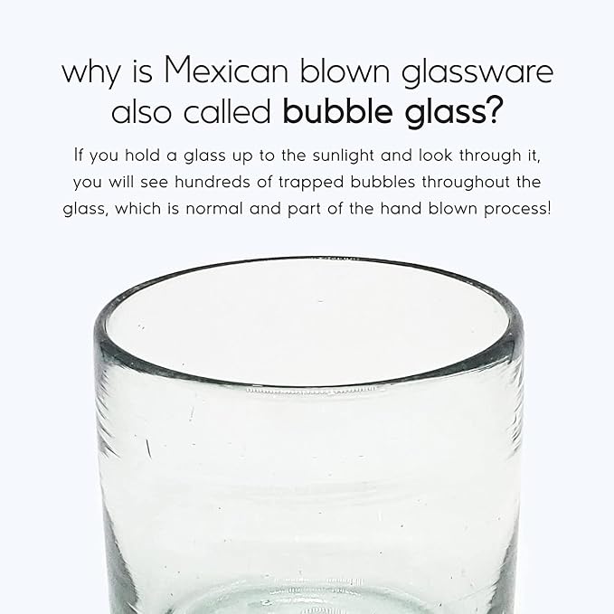 Clear 14 oz Drinking Glasses (Set of 6) | Hand Blown Mexican Glassware | Recycled Glass Drinking Glasses for Water, Juice, Margarita, Cocktails & Whiskey, Lead-Free Toxin Free
