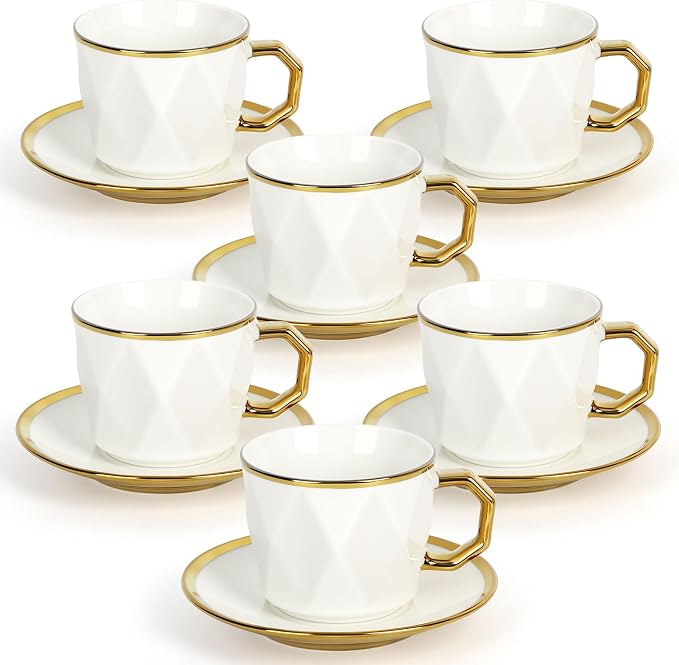 ALIMOTA 3.4oz/100ml Espresso Cups with Saucers, Set of 6, White Porcelain Coffee Cups with Gold Trim & Diamond Texture, Dishwasher Safe, Small Demitasse Cups for Latte, Cappuccino, Tea