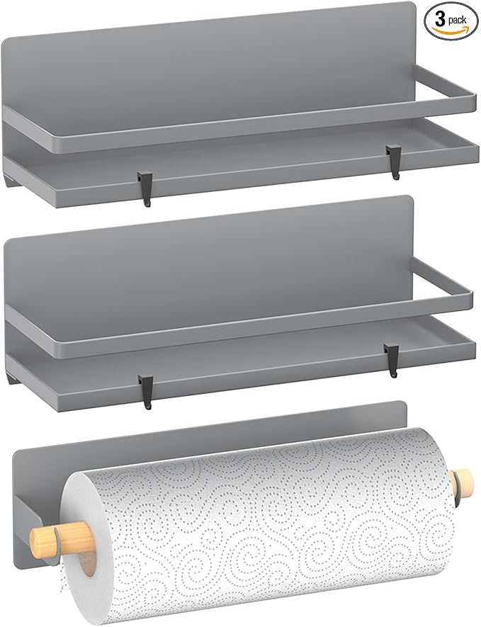 Magnetic Spice Rack Moveable Magnetic Shelf Organizer with Paper Towel Holder Kitchen Refrigerator Seasoning Storage Rack Fridge Magnet Organizer,Grey,3 Packs