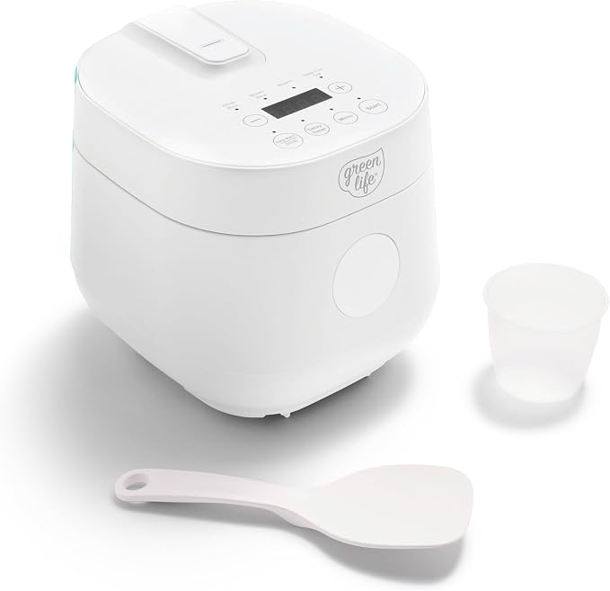 GreenLife Digital Rice Cooker, 2-Cups Uncooked/4-Cups Cooked, Removable Nonstick Ceramic PFAS-Free Pot, One-Touch Presets, Oats, Quinoa, Brown Rice, Auto Keep Warm, Fuzzy Logic Tech, 1.5QT, White