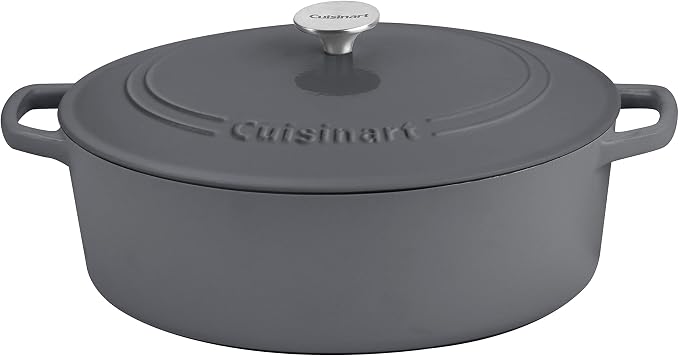 Cuisinart Chef's Classic Enameled Cast Iron Dutch Oven with Lid, Porcelain Enameled Interior, Oven Safe, Induction Compatible, 7-Quart, Oval, Dark Grey