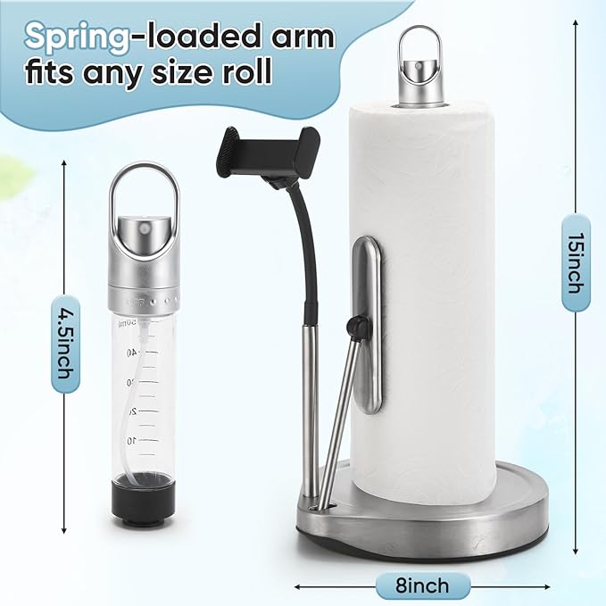 Paper Towel Holder with Spray Bottle (with Phone Holder) for Kitchen Decor and Accessories - Paper Towel Holder Countertop for Home Necessities - Kitchen Phone Holder - Kitchen Phone Stand