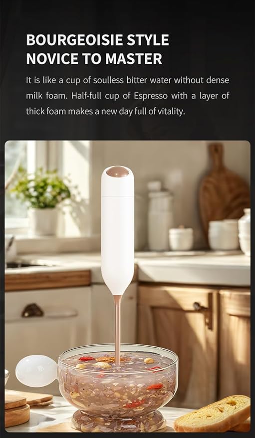 Electric Milk Frother, Handheld Milk Foam Maker with 1W High-Torque Motor, White, Food Grade Material, One-Button Operation, for Coffee Drinks and Baby Food