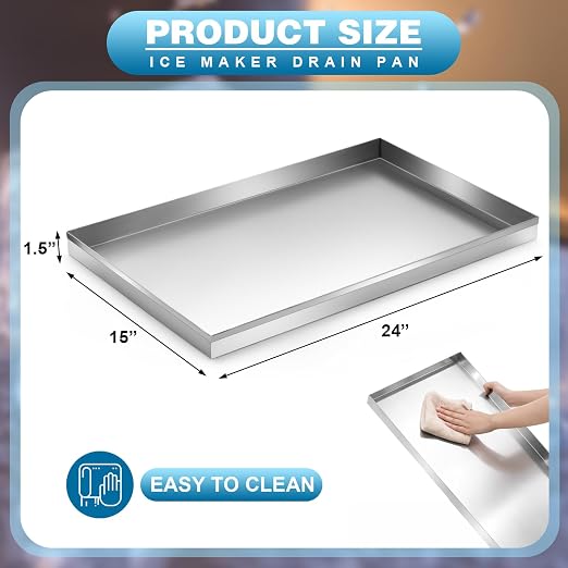 Wesiti 1 Pcs Ice Maker Drain Pan 24" x 15" x 1.5" Water Damage Prevention Galvanized Steel Welded Ice Maker Drain Pan, Leak-proof Corrosion-resistant, for Household and Commercial (Silver)