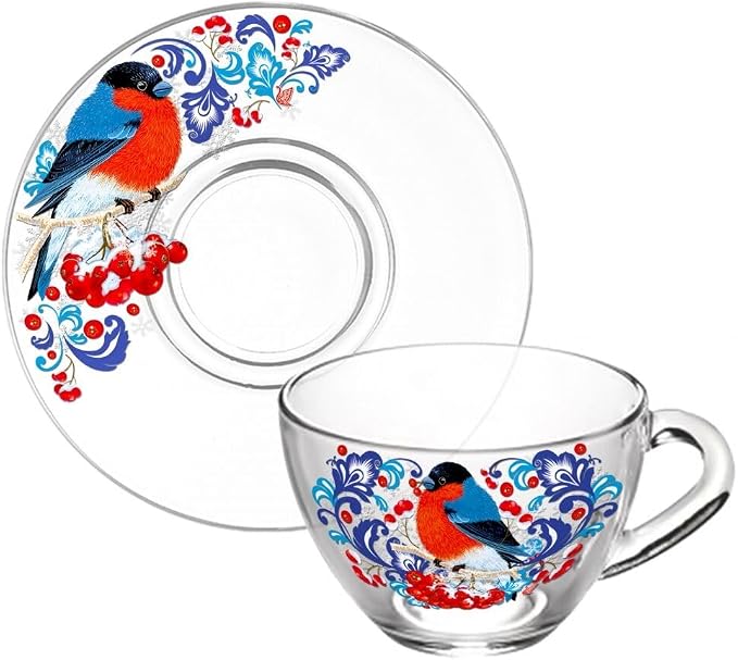 Bullfinches Glass Tea Cup and Saucer Set of 2 Glass Teacups 6.8 fl oz (200 ml) Cup with Matching Saucers for Two, Christmas Dinnerware, Tea Coffee Set for 2, Coffee Cups, Dishwasher and Microwave safe