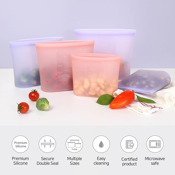 Reusable Silicone Food Storage Bags (Set of 3) – Leakproof Zip Seal, BPA-Free, Freezer & Microwave Safe – for Meal Prep, Snacks, Fruits, and More (Purple Set)