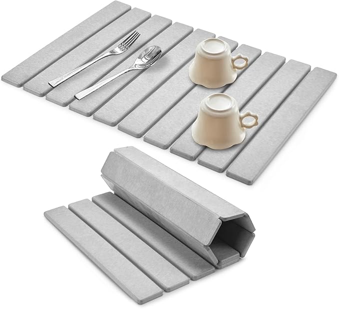Large Stone Dish Drying Mat for Kitchen Counter, 24"(L)×16"(W), Collapsible Quick Dry Dish Drying Mat, Ultra Absorbent Diatomaceous Earth Mats for Dishes Bottles Cups, Match Any Countertop